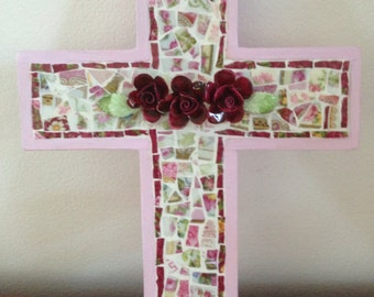 pink shabby chic fine bone china mosaic cross