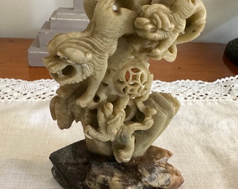 Vintage Chinese Stone Carving Featuring 3 Dogs of Pho and Turtle