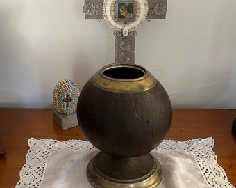 Fabulous Vintage Footed Vase Made of Coconut Shell and Rubbed White Metal