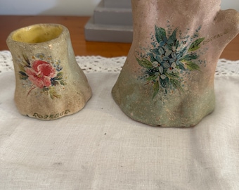 Two Vintage 'Tree Trunk' Style Souvenir Vases Painted with Flowers