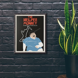 May include: A black and red poster with the text "The Helper Monkey" and the words "My monkey butler is trying to kill me!" A cartoon of a man in a blue shirt is shown in the poster.