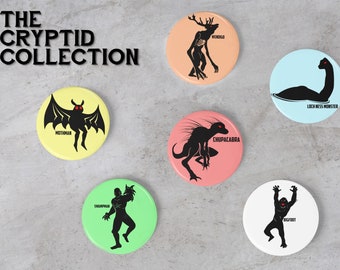 Cryptid BUTTON Collection set - Mothman, alien, 1960s, vintage, retro, Bigfoot, Swampman, Chupacabra, Loch Ness Monster, sci-fi pins, badges