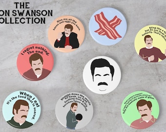 Ron Swanson Collection Buttons set - pawnee badges pin unique fan art - funny sign lines quotes the end - gift for him - bacon eggs mustache