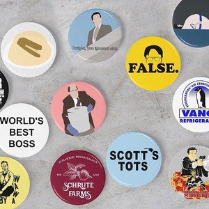 The Office Buttons Collection | pinback dwight False pins fan art, dunder mifflin, funny sign, Kevin Chili, gift, Schrute Farms, big tuna