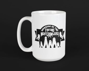 Invasion of the Fresno Nightcrawlers! 11 or 15oz Mug | Cryptid, 1950s, Dark, Area 51, Alien, Bigfoot, Retro, Mythical legend, Mothman cup