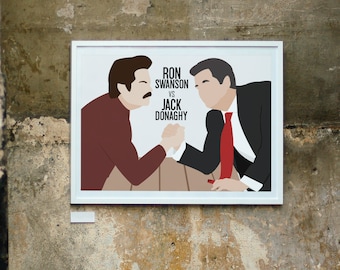 Ron Swanson Vs. Jack Donaghy Poster | 30 Rock, Parks and Rec, Wall Decor, Pop Culture, Funny, Crossover, manly, liz lemon, arm wrestle, cool