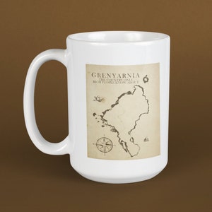 Taza de 15 oz con el mapa antiguo de Grenyarnia 30 Rock / Jack Donaghy, taza, cultura pop, divertido, Liz Lemon, genial, bebida, Seinfeld, rico, dinero, isla, vintage