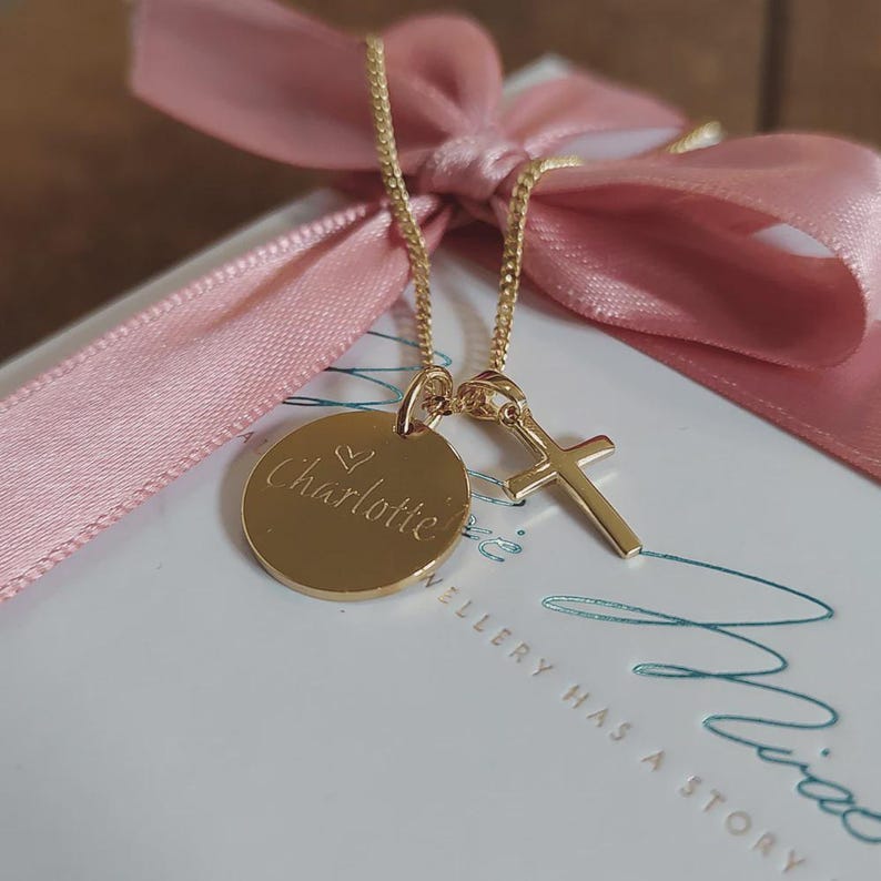 Taufkette Gold Mädchen, taufkette Jungen, taufschmuck, goldene Taufkette personalisiert, kette zur Taufe mit gravur, Namenskette für Mädchen mit Geburtsstein, kinderkette personalisiert, kreuz kette, kette mit kreuz