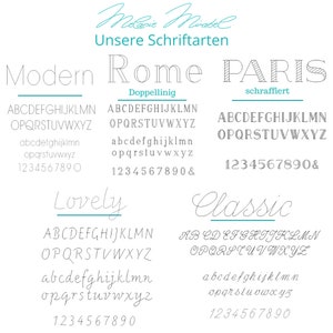 May include: A graphic showcasing various font styles, including "Modern," "Rome," "Paris," "Lovely," and "Classic." Each font is displayed with uppercase and lowercase alphabets, numbers, and special characters. The text "Melanie Mirabel Unsere Schriftarten" is at the top.