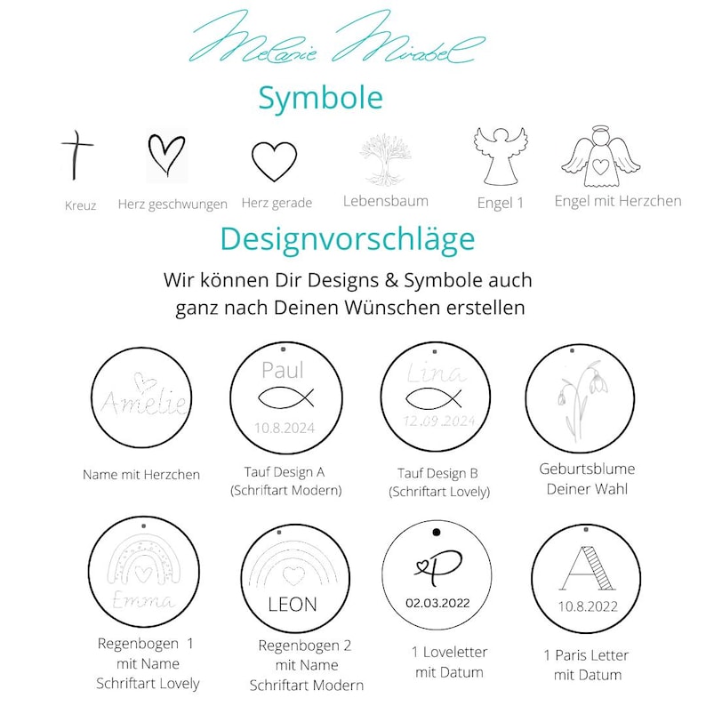May include: A white background features a variety of design options, including symbols like a cross, heart, and angel, along with sample text and dates. The text includes "Symbole" and "Designvorschl&auml;ge."