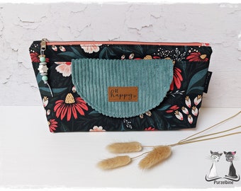 Taille trousse de toilette M, Sunrise fleur velours côtelé noir menthe be happy - trousse de maquillage - trousse de toilette - trousse de maquillage