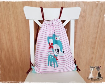 Backpack-Gymbag-Hipsterbag-bag-backpack-lined-roe deer-deer-kitz-Hafenkitz stripes Pink Turquoise