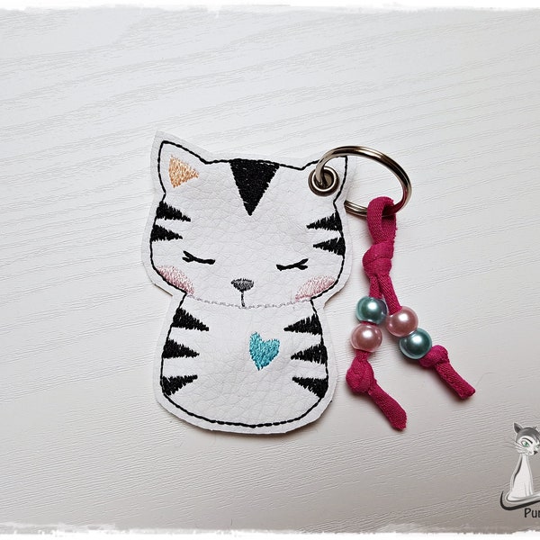 Schlüsselanhänger - Keychain - Katze - Cat - Kitty - Kunstleder - mit Perlenanhänger - Herz - türkis - beere