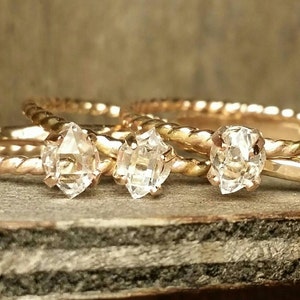 Stacking Set- Herkimer Diamond Quartz Crystal Past Present Future- Solid Gold or Sterling Silver