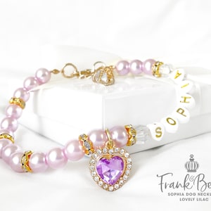 Lilac Pearl Dog Necklace: Rhinestone Heart Charm, Personalized Pet Collar