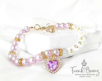 Collar para perro con perla lila: dije de corazón con diamantes de imitación, collar personalizado para mascotas