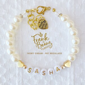 May include: Ivory cream pet necklace with gold heart charms and a name tag that reads "SASHA". The necklace also features a gold charm with the text "Made with love".