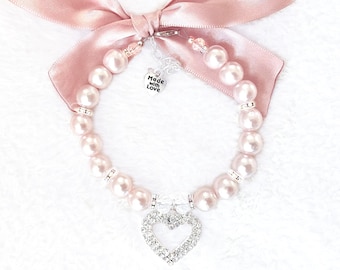 Pearl Dog Collar with Name – Personalized Rhinestone Heart Dog Necklace, Frosted Pink Bling Pet Jewelry for Small Dogs