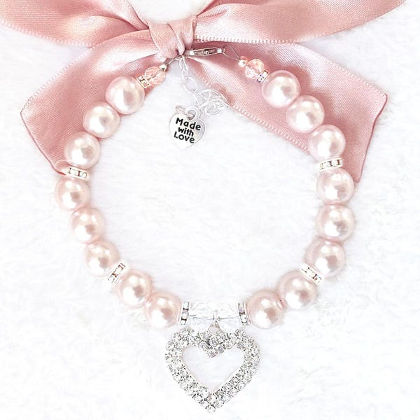 Pearl Dog Collar with Name – Personalized Rhinestone Heart Dog Necklace, Frosted Pink Bling Pet Jewelry for Small Dogs