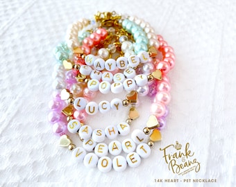 Personalized Pet Necklace for Cats Dogs 14k Gold Hearts Pearl Dog Necklace Beaded Cat Necklace Custom Pet Jewelry Adjustable