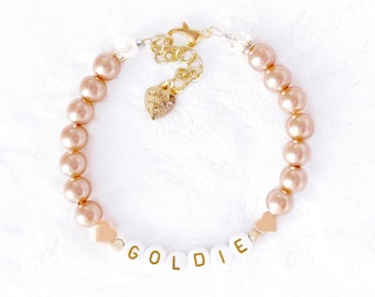 Champagne Pearls 14k Gold Hearts Dog Necklace | Custom Name Cat Collar Charm | Luxury Pet Jewelry