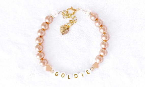 Champagne Pearls 14k Gold Hearts Dog Necklace | Custom Name Cat Collar Charm | Luxury Pet Jewelry
