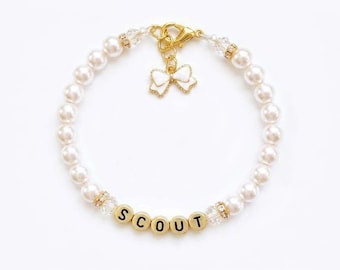 Fancy Pearl Dog & Cat Necklace with Bow Ribbon Charm, Personalized Custom Girly Pet Jewelry for All Sizes, Gifts for Pet Moms and New Puppy