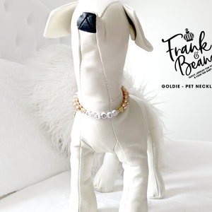 May include: A white stuffed dog wearing a pearl and gold bead pet necklace with the name "Goldie" spelled out in white beads. The necklace is from Frank & Beans, a company that makes "fancy jewellery for you & your best bud".