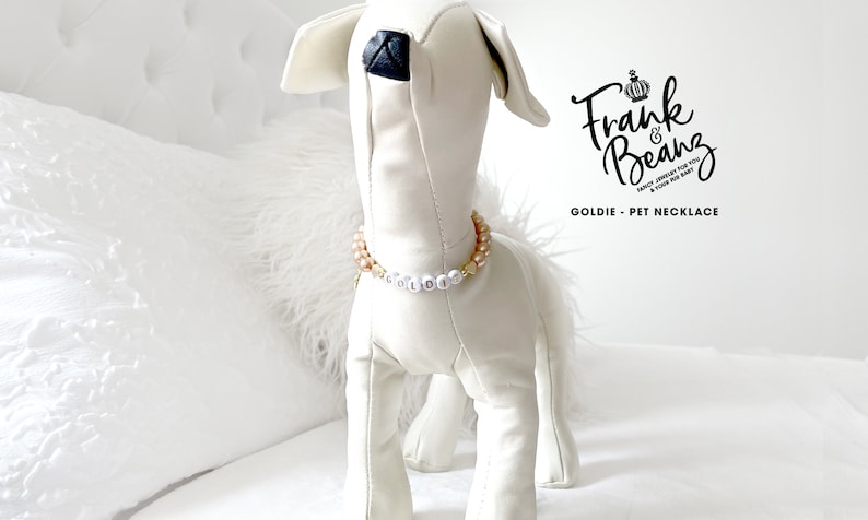 May include: A white stuffed dog wearing a pearl and gold bead pet necklace with the name "Goldie" spelled out in white beads. The necklace is from Frank & Beans, a company that makes "fancy jewellery for you & your best bud".