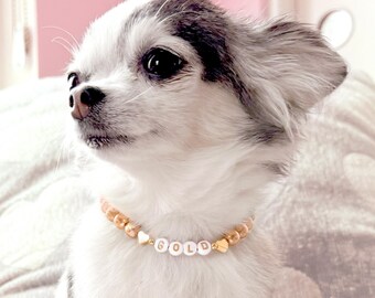 Personalized Champagne Pearls Dog Necklace with 14k Gold Hearts,  Fancy Beaded Dog Collar for Teacup & Small Breeds, Adjustable Pet Jewelry