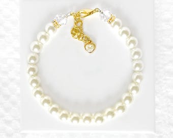 Fancy Ivory Pearl Dog Necklace for Small Dogs, Lightweight Cat Collar with Adjustable Gold Chain with Rhinestone Heart Charm