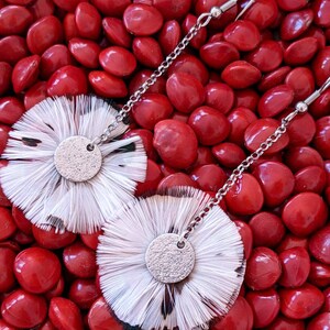 Steel and bird feather earrings.