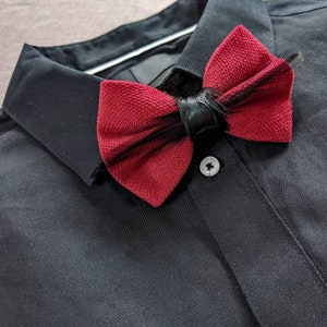 May include: A red bow tie with black feathers on a black collared shirt.