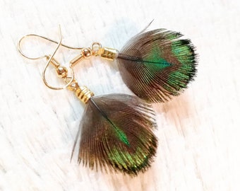 Boucles d'oreilles en plaqué or et plumes de Paon.