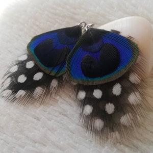 Boucles d'oreilles plume de Pintade et de Paon. image 4