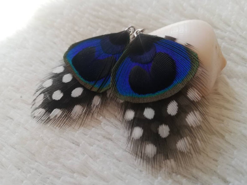 Guinea Fowl and Peacock feather earrings. image 4