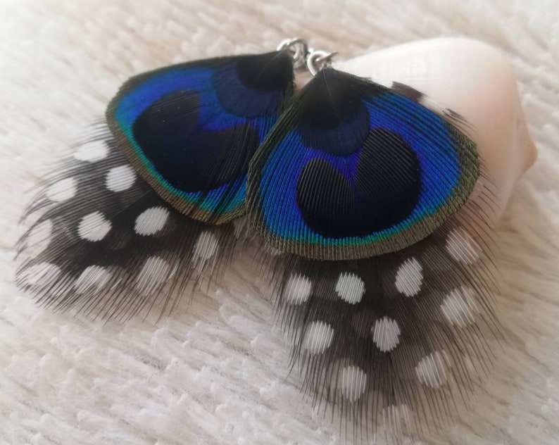 Guinea Fowl and Peacock feather earrings. image 5