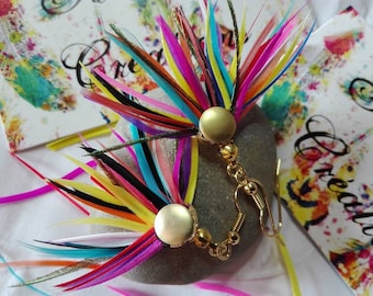 Earrings with multicolored feathers.