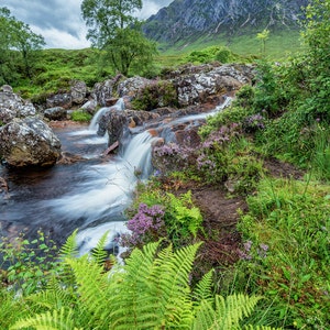 May include: A cascading waterfall flows over moss-covered rocks in a lush green forest. The water is clear and the rocks are a mix of brown and gray. The forest is dense and the trees are tall. A mountain peak rises in the background.