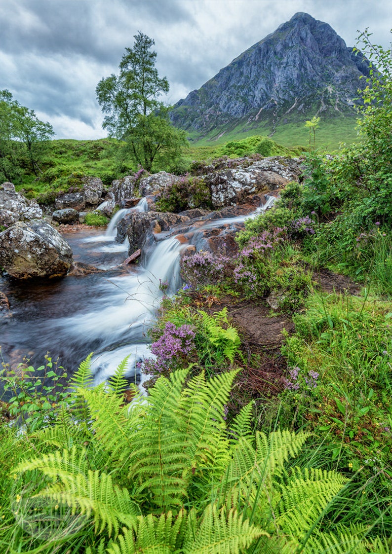 May include: A cascading waterfall flows over moss-covered rocks in a lush green forest. The water is clear and the rocks are a mix of brown and gray. The forest is dense and the trees are tall. A mountain peak rises in the background.
