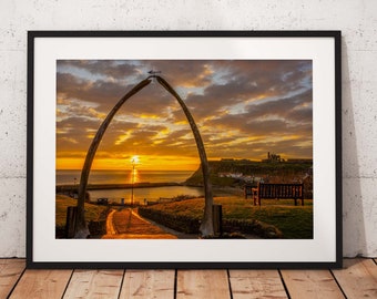 Whitby Whale Bones Sunrise view, Whitby Abbey, North York Moors, England. Landscape Photo. long exposure. Wall Art.