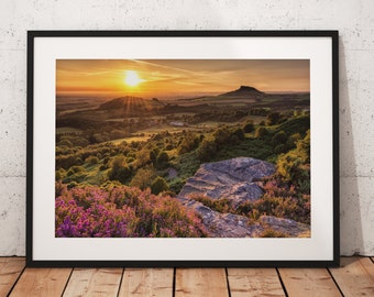 Sunset Photography Roseberry Topping. North York Moors, England. Landscape Photography. Mounted print. Wall Art.