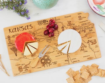 Kansas Cutting Cutting Board State Shaped Destination Landmark Map Engraved Bamboo Gift Moving Wedding Closing Retirement Appreciation