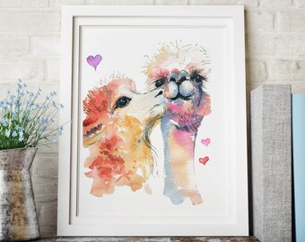 Llama Animal Nursery Print, Nursery Wall Art, Kissing Alpaca Print, Kids Room Decor - Various Sizes