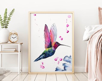 Hummingbird Printable Wall Art Bird Watercolor Painting For Etsy