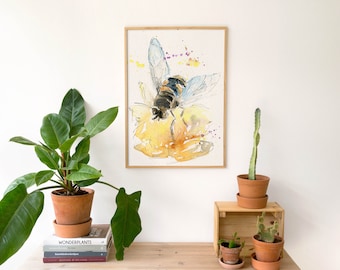 Bee Art Print, Bee on Flower, Watercolour Painting, Wall Art for Living Room, Home Decor - A3 A4 Size - UNFRAMED