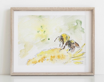 Bee Painting, Watercolor Print, Wall Art for Living Room, Home Decor - A3 A4 Size - UNFRAMED