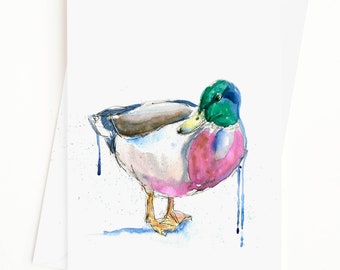 Duck Birthday Card -  5 x 7 " Semi Gloss Card stock and White, Gold or Pink Envelope - Blank inside