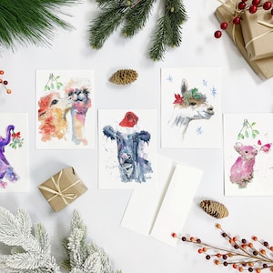 Boxed Christmas Cards, Christmas Cards Pack, Rabbit Christmas Card, Elephant Christmas Card, Alpaca Card, Llama Card, Cow Card - Set of 10