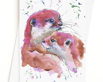 Otter Card, Wildlife Card, Art Greeting Card,  Blank Inside - Biodegradable Cello Bag